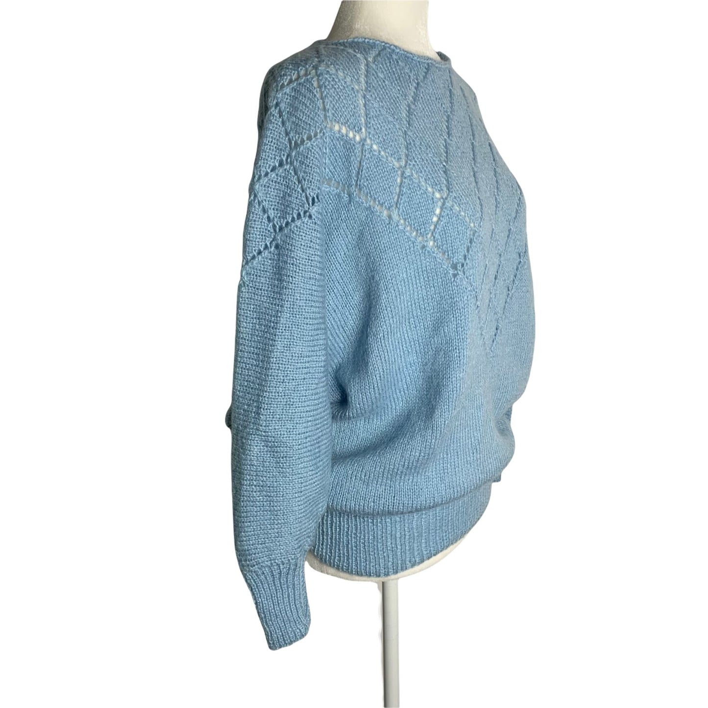 Vintage 80s Open Knit Pullover Sweater S Blue Dolman Sleeve Wool Blend