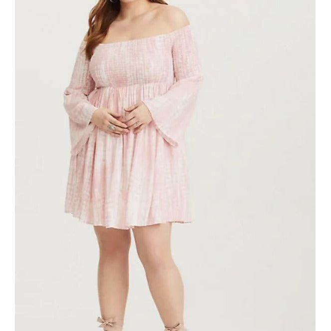 Torrid Mini Challis Off the Shoulder Dress 0 Pink Tie Dye Bell Sleeves Skater