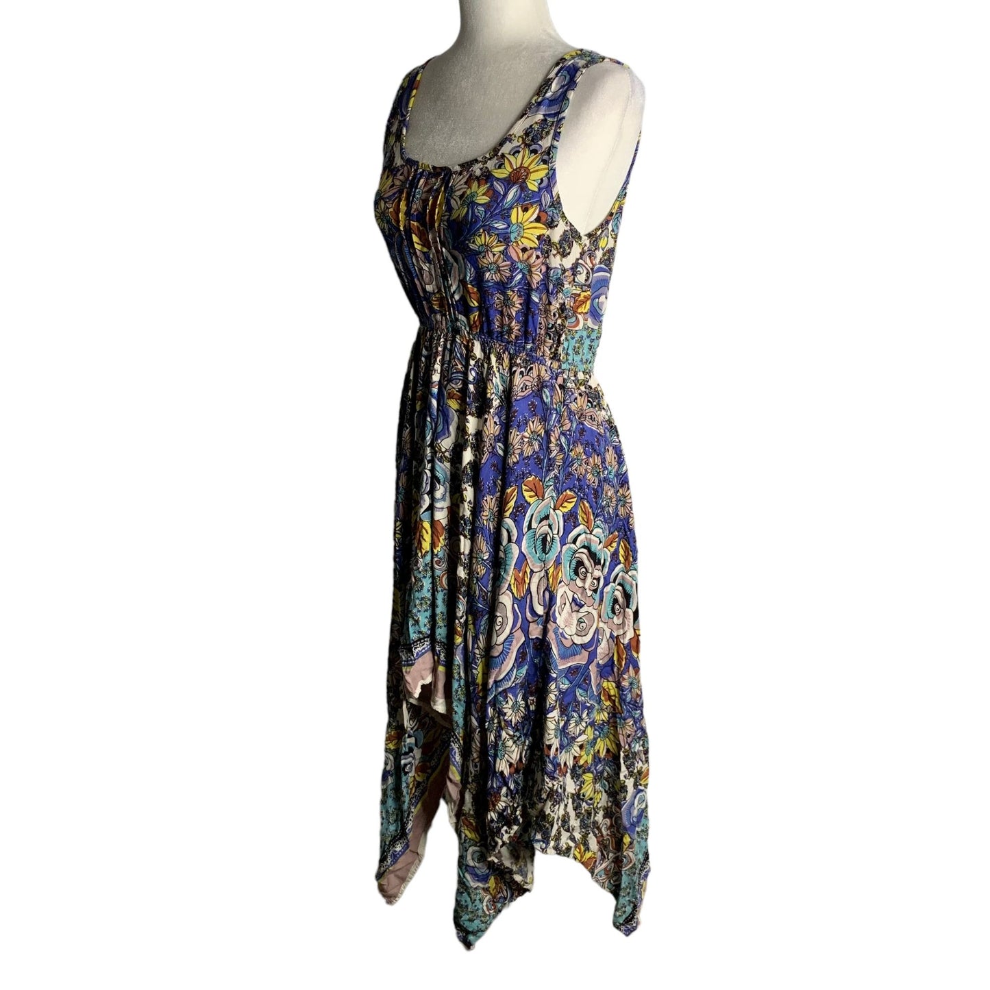 Lola P Handkerchief Shark Bite Hem Dress S Multicolored Floral Sleeveless