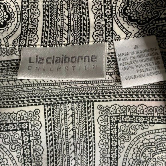 Vintage 90s Liz Claiborne Button Up Blouse S Black White Paisley Shoulder Pads