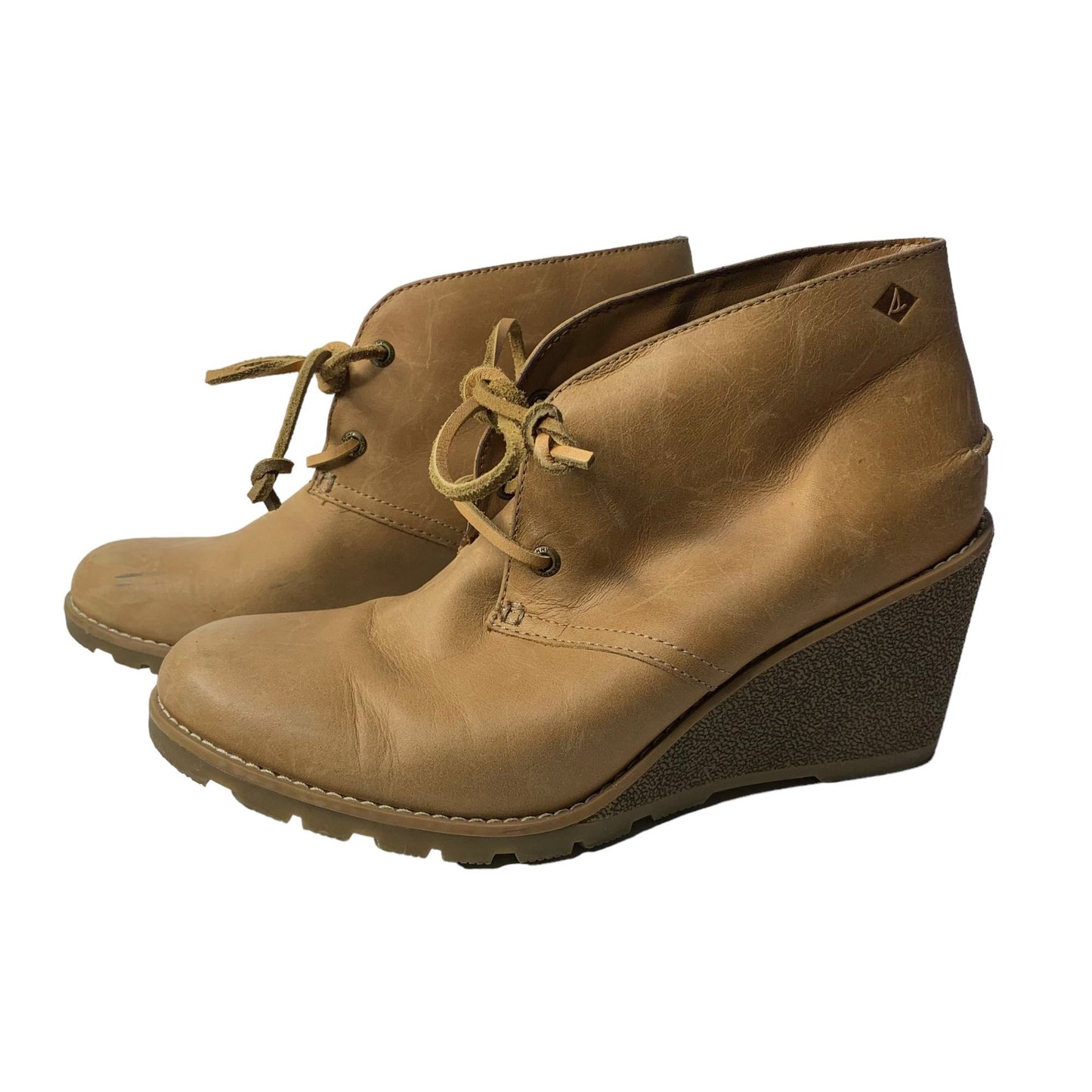 Sperry Harlow Burnished Leather Wedge Boots 8M Brown Tie Front Booties Pumps