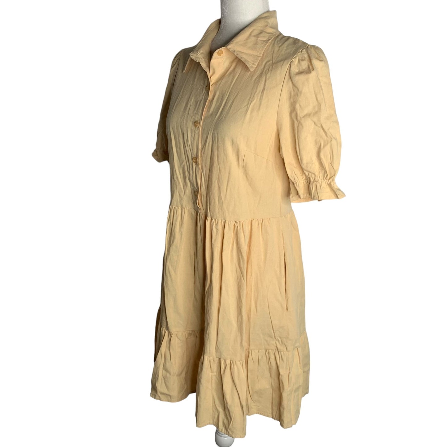 Roylamp Short Sleeve Ruffle Shirt Dress S Yellow Buttons Pockets Side Zipper NEW