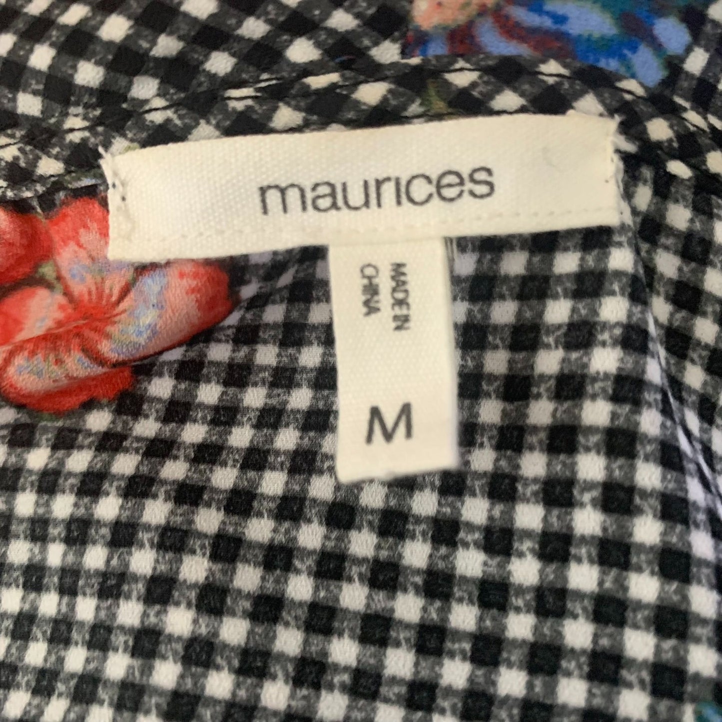 Maurices Black Checkered Wrap Top Medium Floral Ruffle Peplum Puff Sleeve