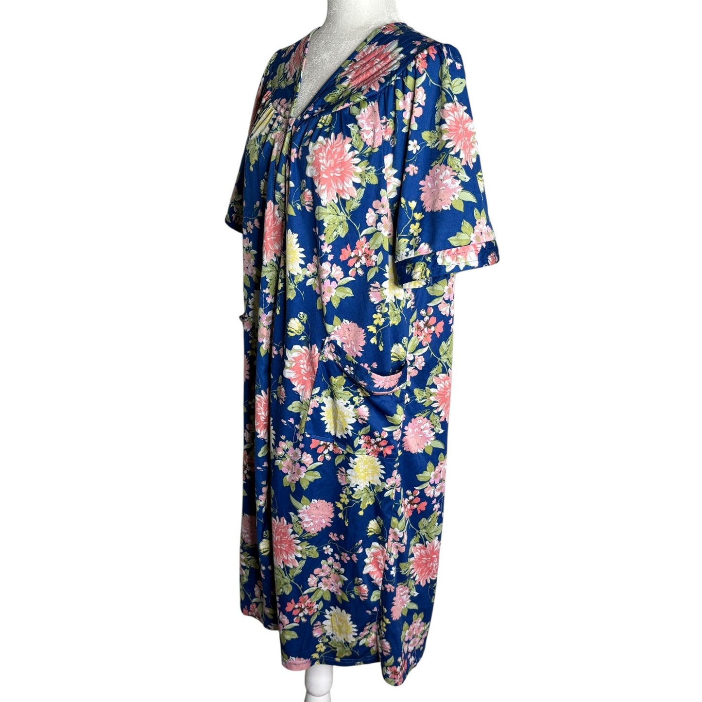 Anthony Richards Blue Floral Housecoat Pockets Medium Short Sleeve Lightweight