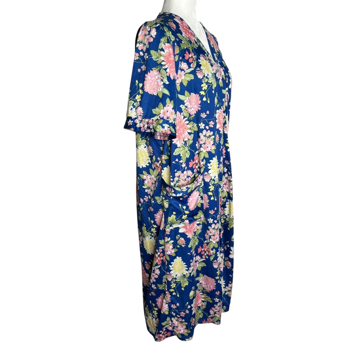 Anthony Richards Blue Floral Housecoat Pockets Medium Short Sleeve Lightweight