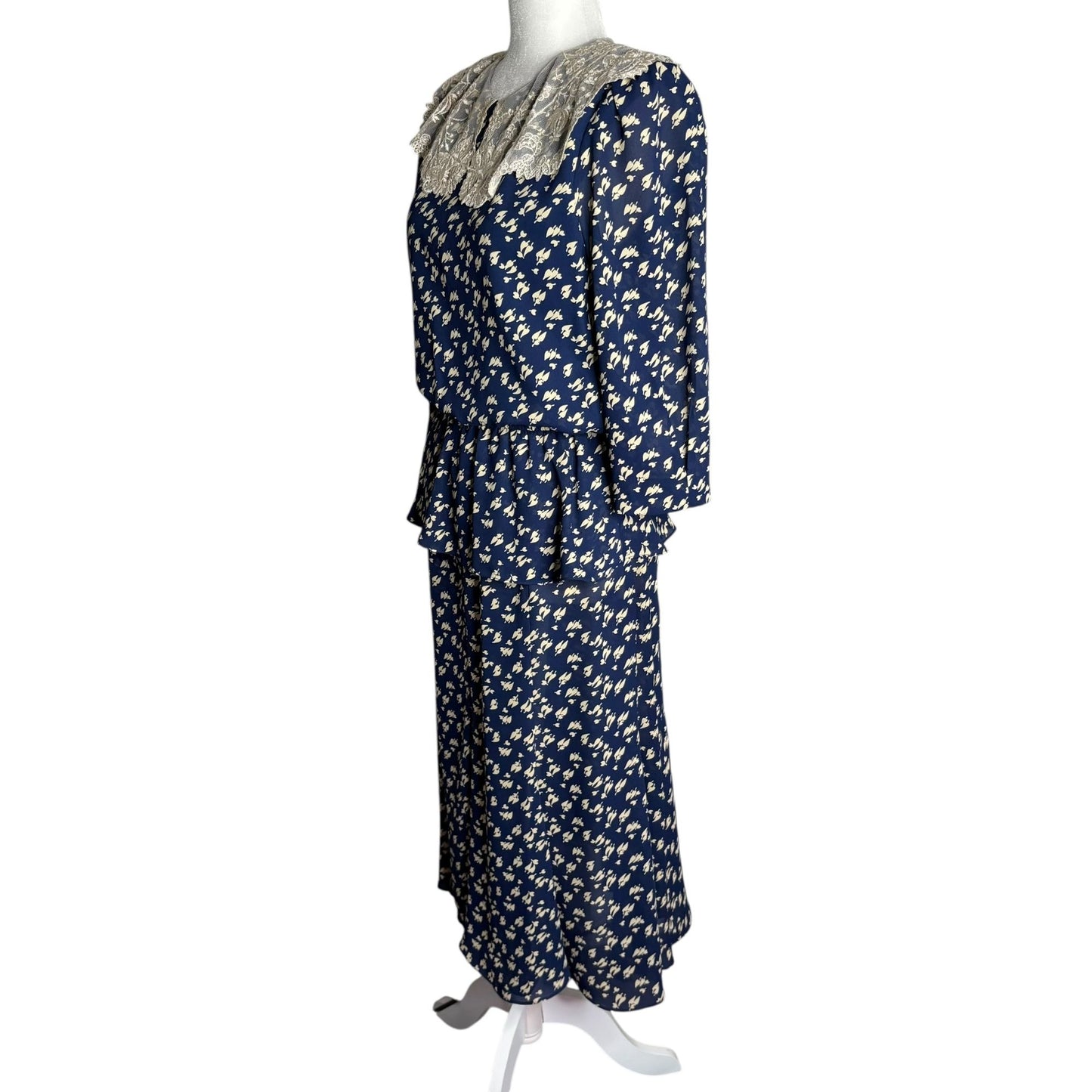 Vintage 80s Floral Midi Dress Medium Navy Blue Lace Collar 3/4 Sleeve Elastic
