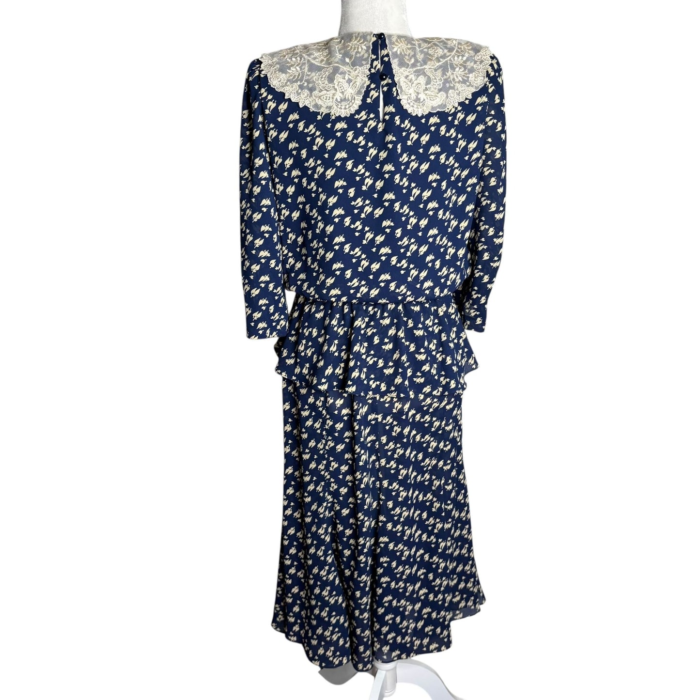 Vintage 80s Floral Midi Dress Medium Navy Blue Lace Collar 3/4 Sleeve Elastic