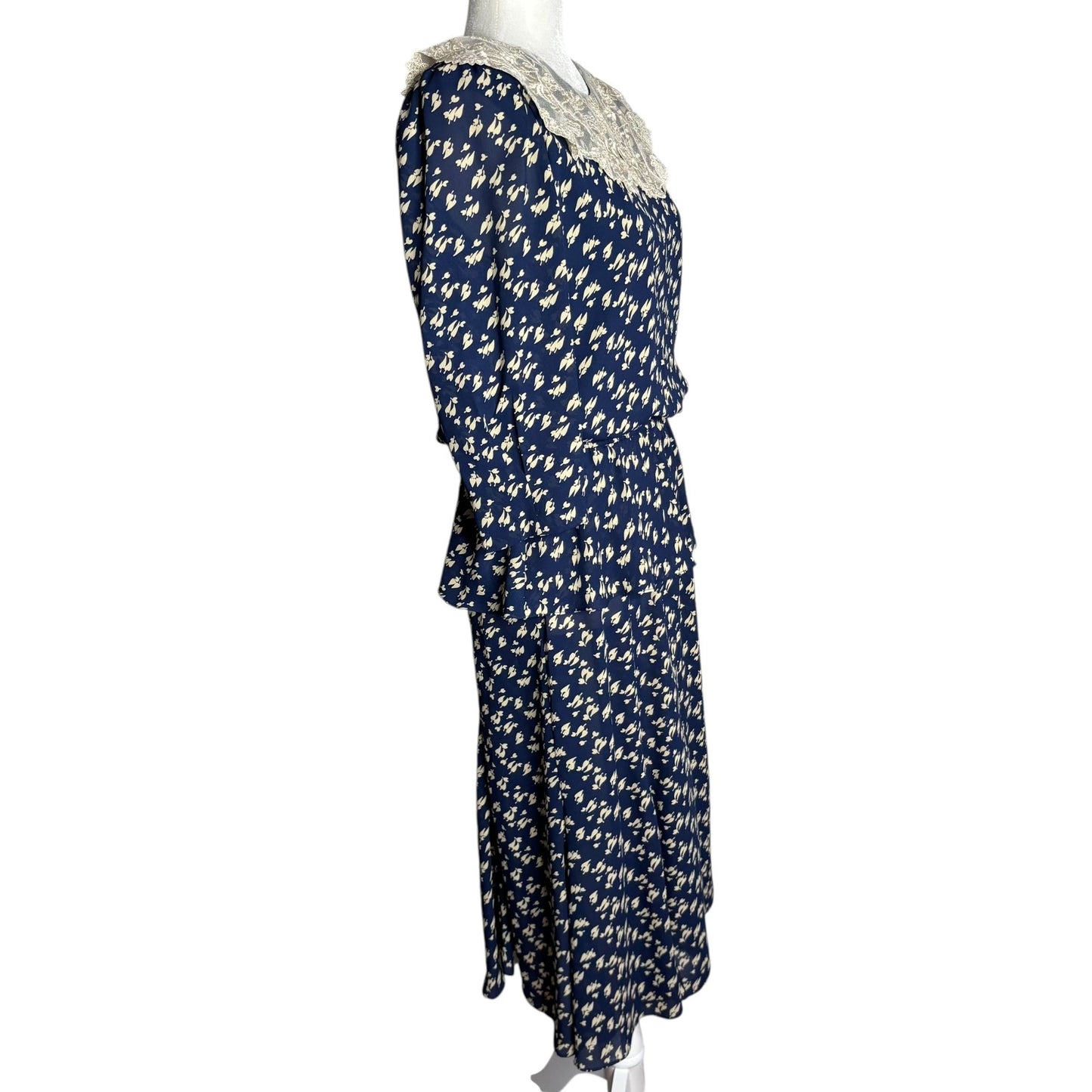 Vintage 80s Floral Midi Dress Medium Navy Blue Lace Collar 3/4 Sleeve Elastic