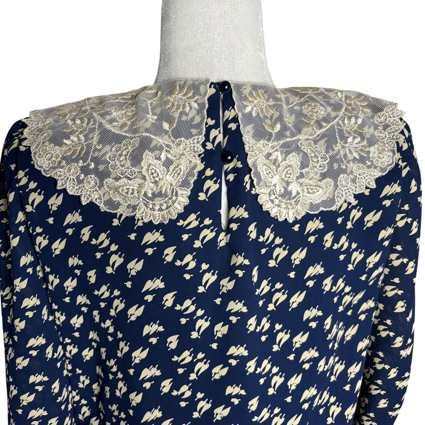 Vintage 80s Floral Midi Dress Medium Navy Blue Lace Collar 3/4 Sleeve Elastic
