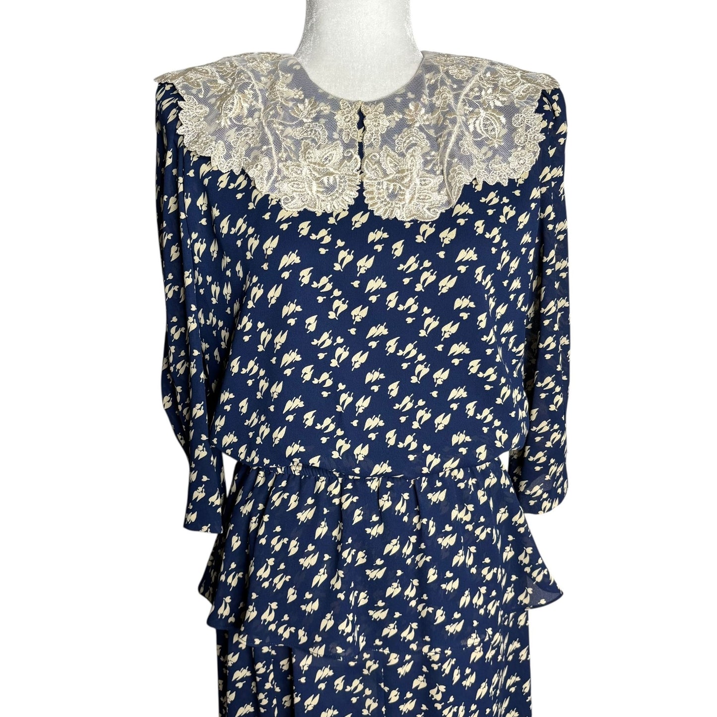 Vintage 80s Floral Midi Dress Medium Navy Blue Lace Collar 3/4 Sleeve Elastic