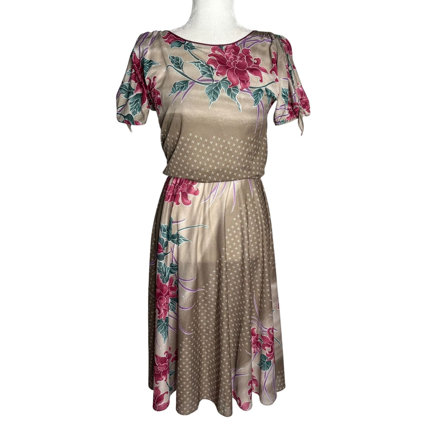 Vintage 80s Floral Short Sleeve Dress Small Slightly Sheer Tie Sleeves Elastic