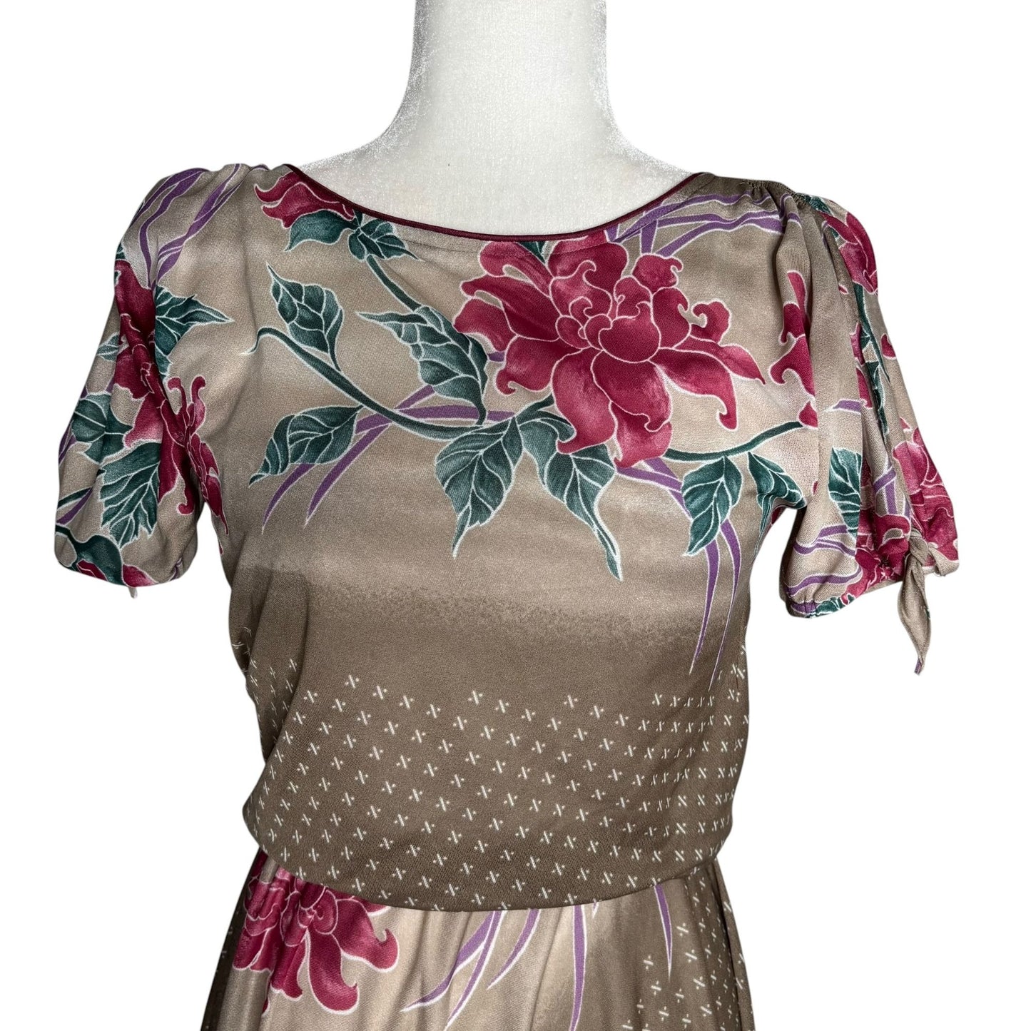 Vintage 80s Floral Short Sleeve Dress Small Slightly Sheer Tie Sleeves Elastic