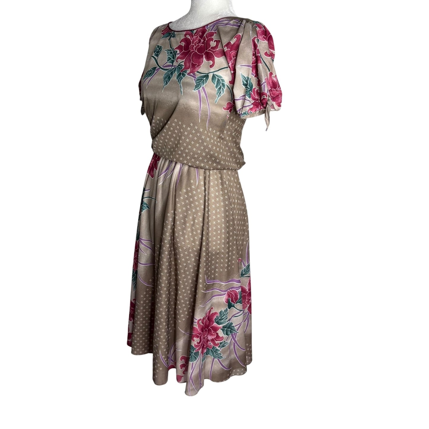 Vintage 80s Floral Short Sleeve Dress Small Slightly Sheer Tie Sleeves Elastic