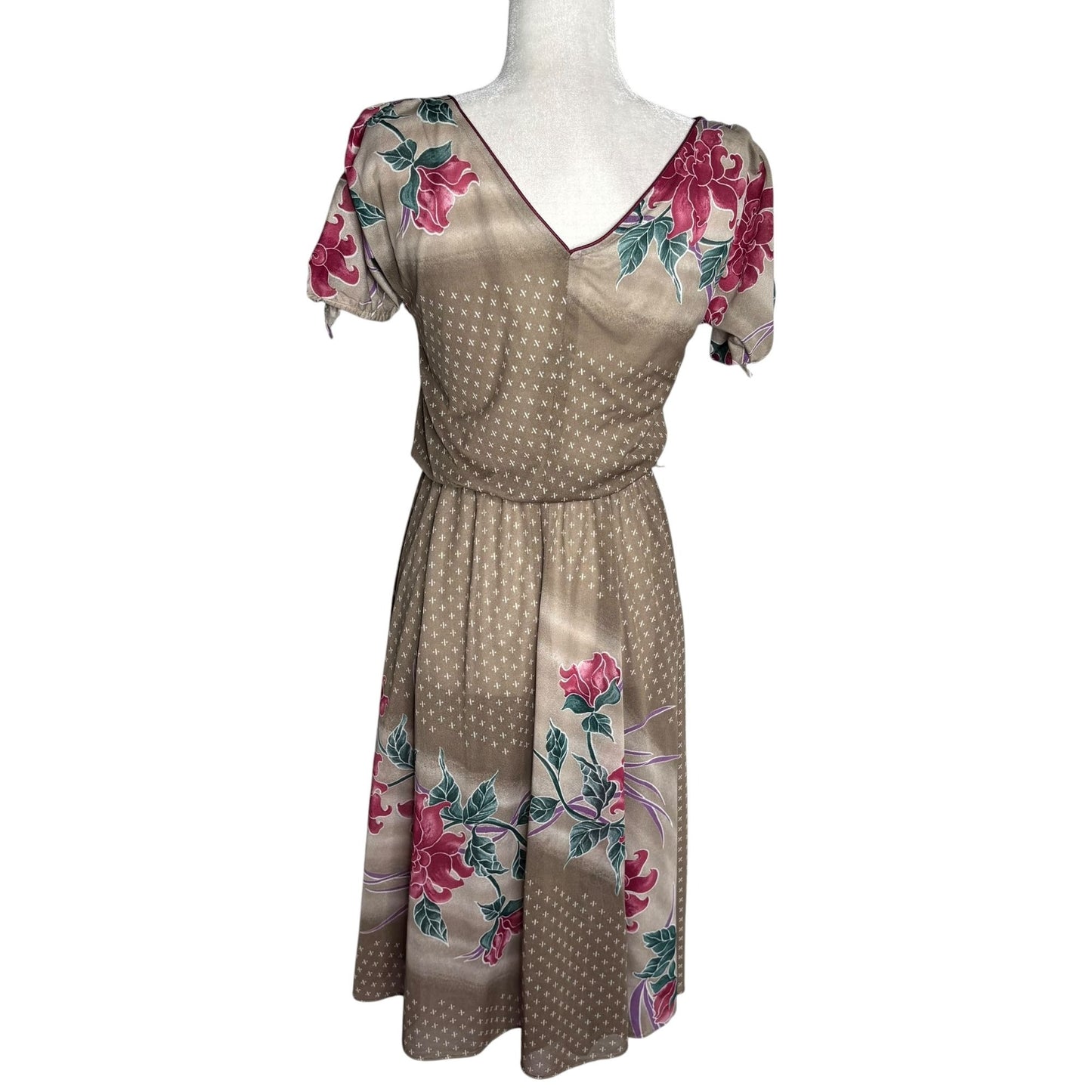 Vintage 80s Floral Short Sleeve Dress Small Slightly Sheer Tie Sleeves Elastic