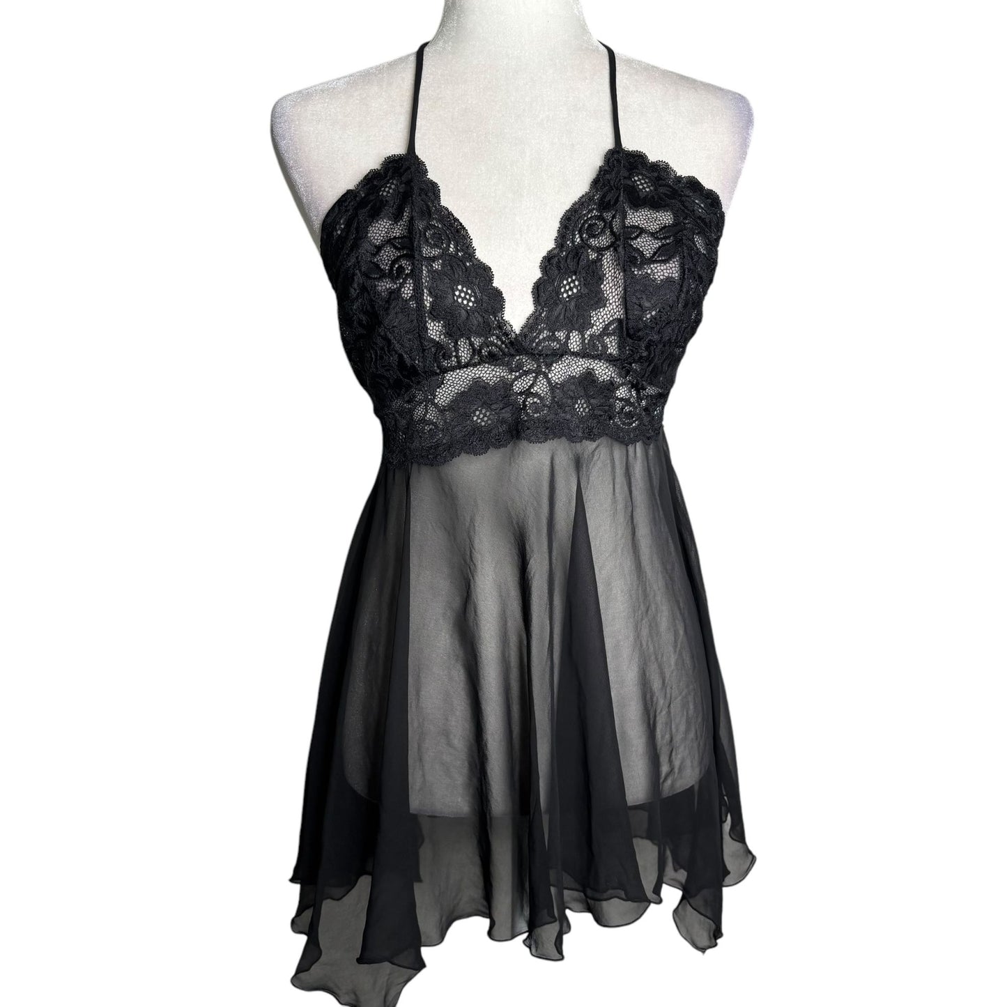 Sheer Black Lace Babydoll Lingerie With Halter Neck Tie Back Shirley M/L