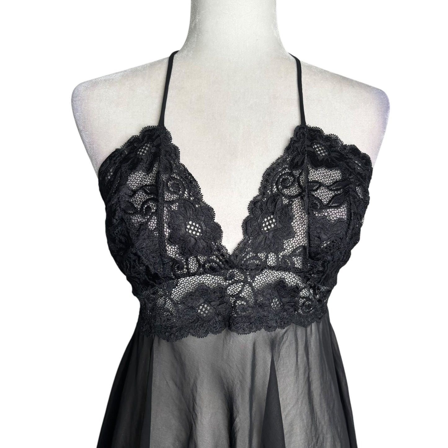 Sheer Black Lace Babydoll Lingerie With Halter Neck Tie Back Shirley M/L