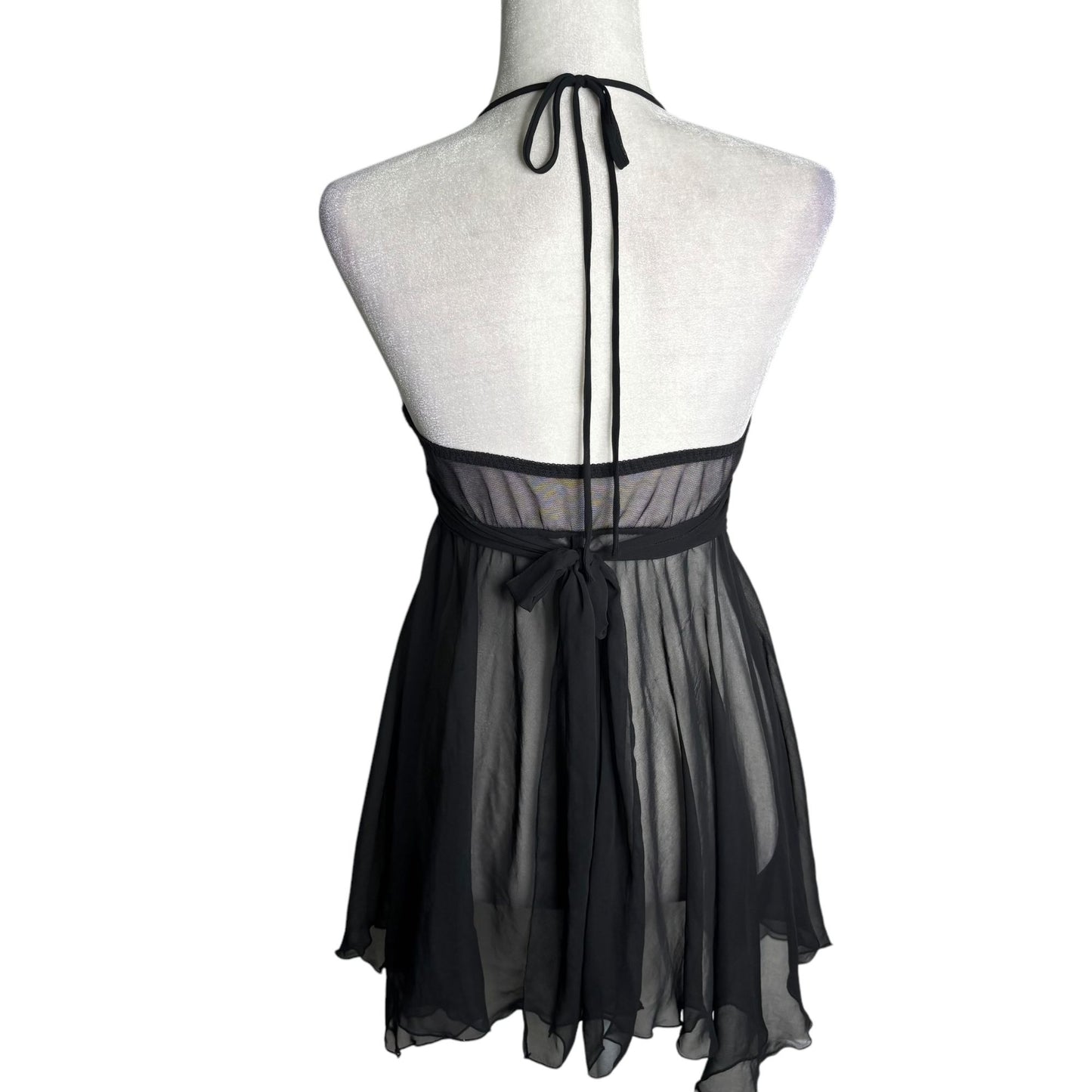 Sheer Black Lace Babydoll Lingerie With Halter Neck Tie Back Shirley M/L