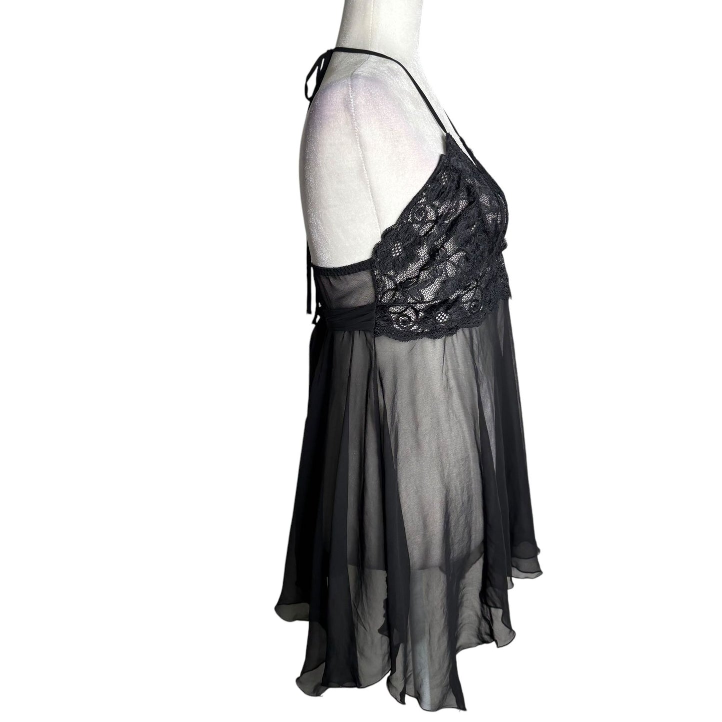Sheer Black Lace Babydoll Lingerie With Halter Neck Tie Back Shirley M/L