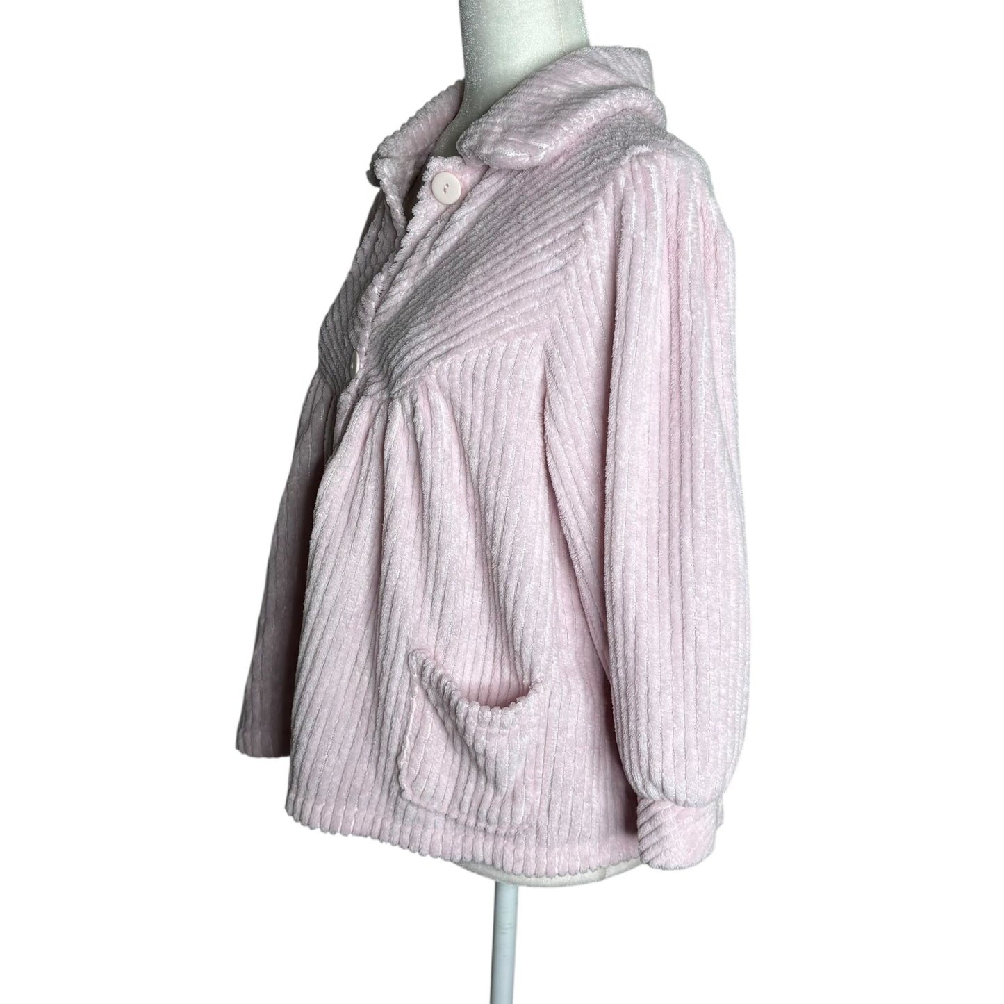Vintage 90s Textured Fleece Button Up Jacket Medium Pink Pockets Sweater