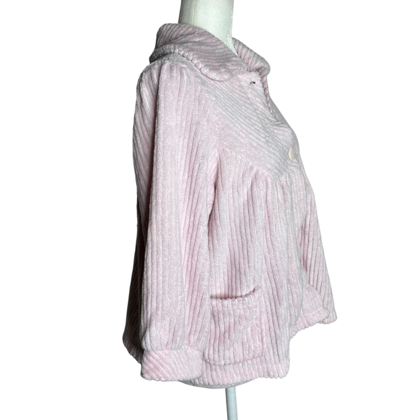 Vintage 90s Textured Fleece Button Up Jacket Medium Pink Pockets Sweater