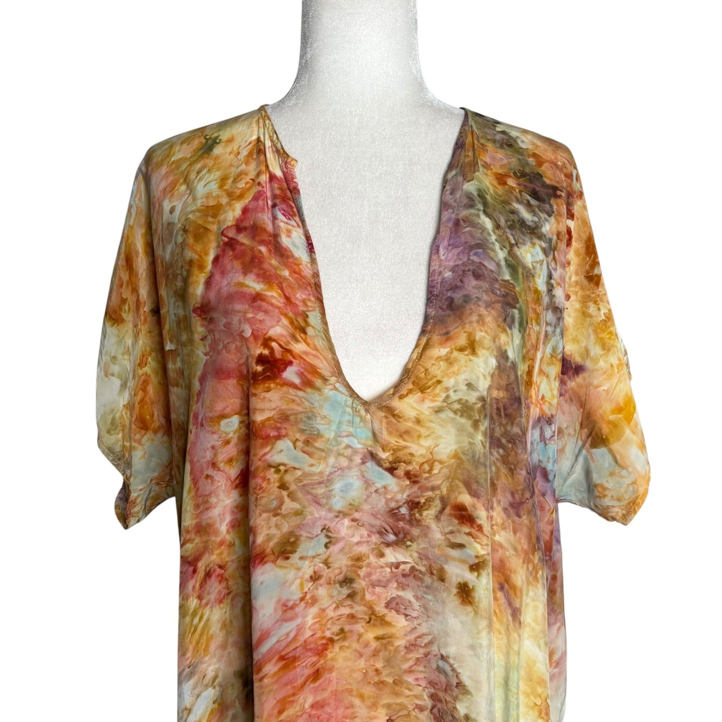 Peri Tie Dye Tunic Dress One Size Boho Caftan V Neck Short Sleeves Pockets