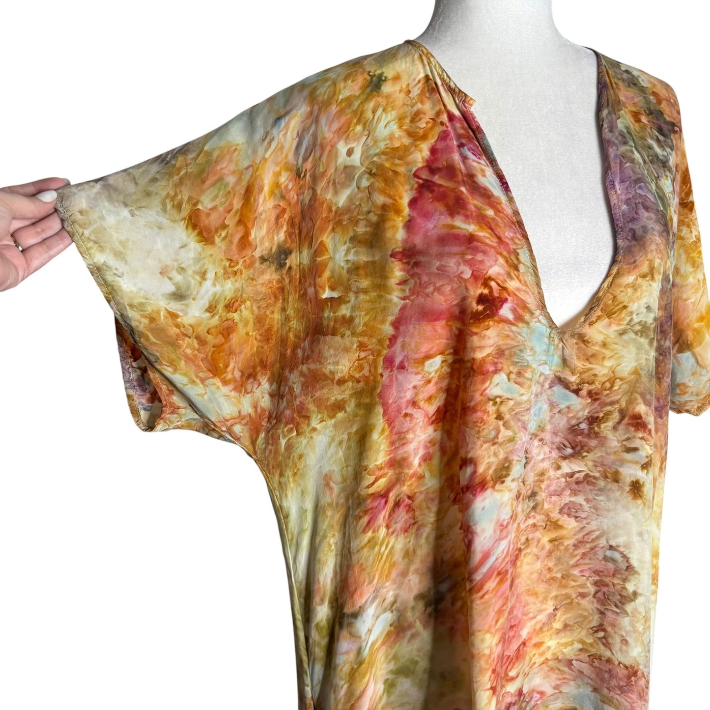 Peri Tie Dye Tunic Dress One Size Boho Caftan V Neck Short Sleeves Pockets