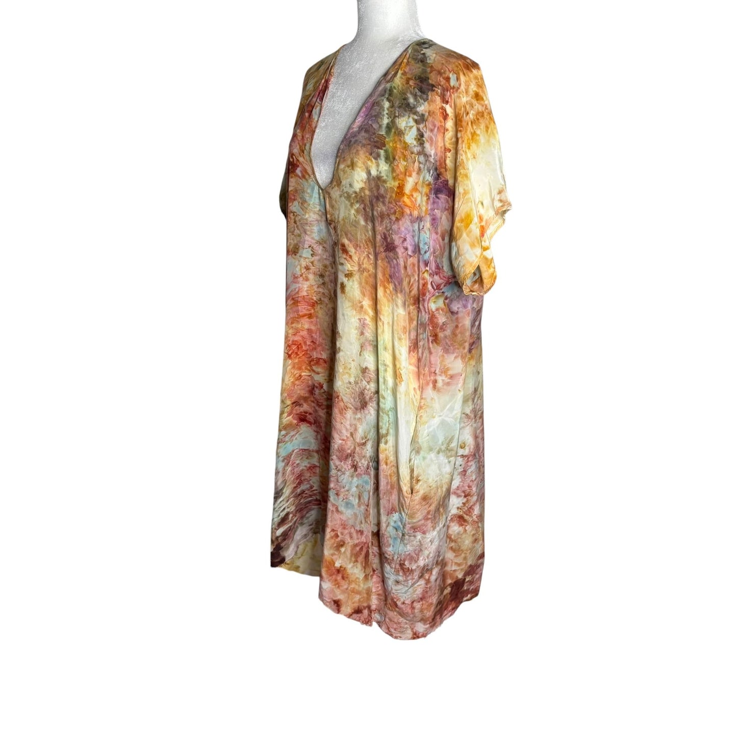 Peri Tie Dye Tunic Dress One Size Boho Caftan V Neck Short Sleeves Pockets