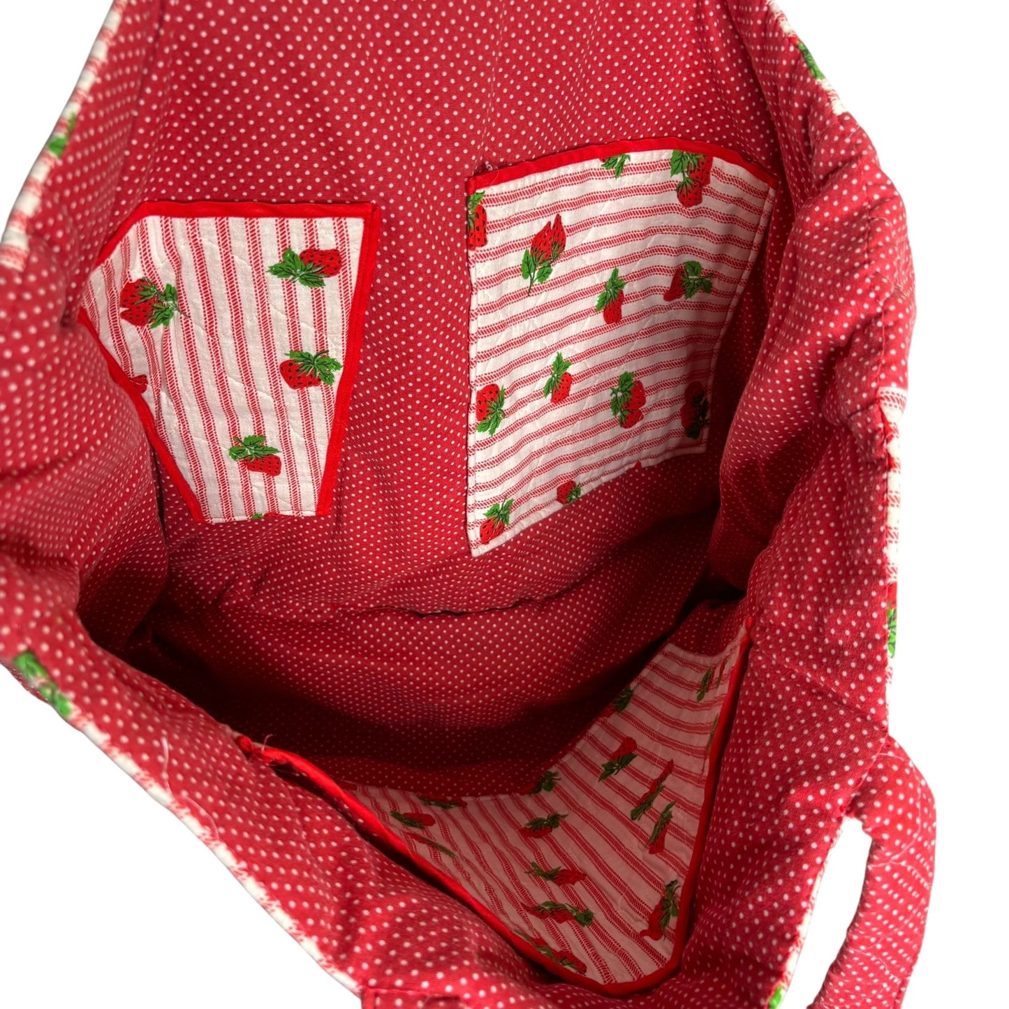 Handmade Quilted Strawberry Print Tote Bag Large Red Striped Inner Pockets