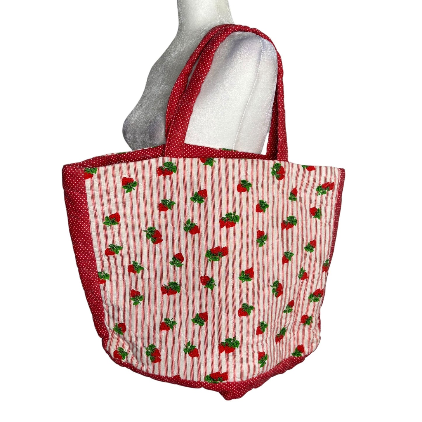 Handmade Quilted Strawberry Print Tote Bag Large Red Striped Inner Pockets