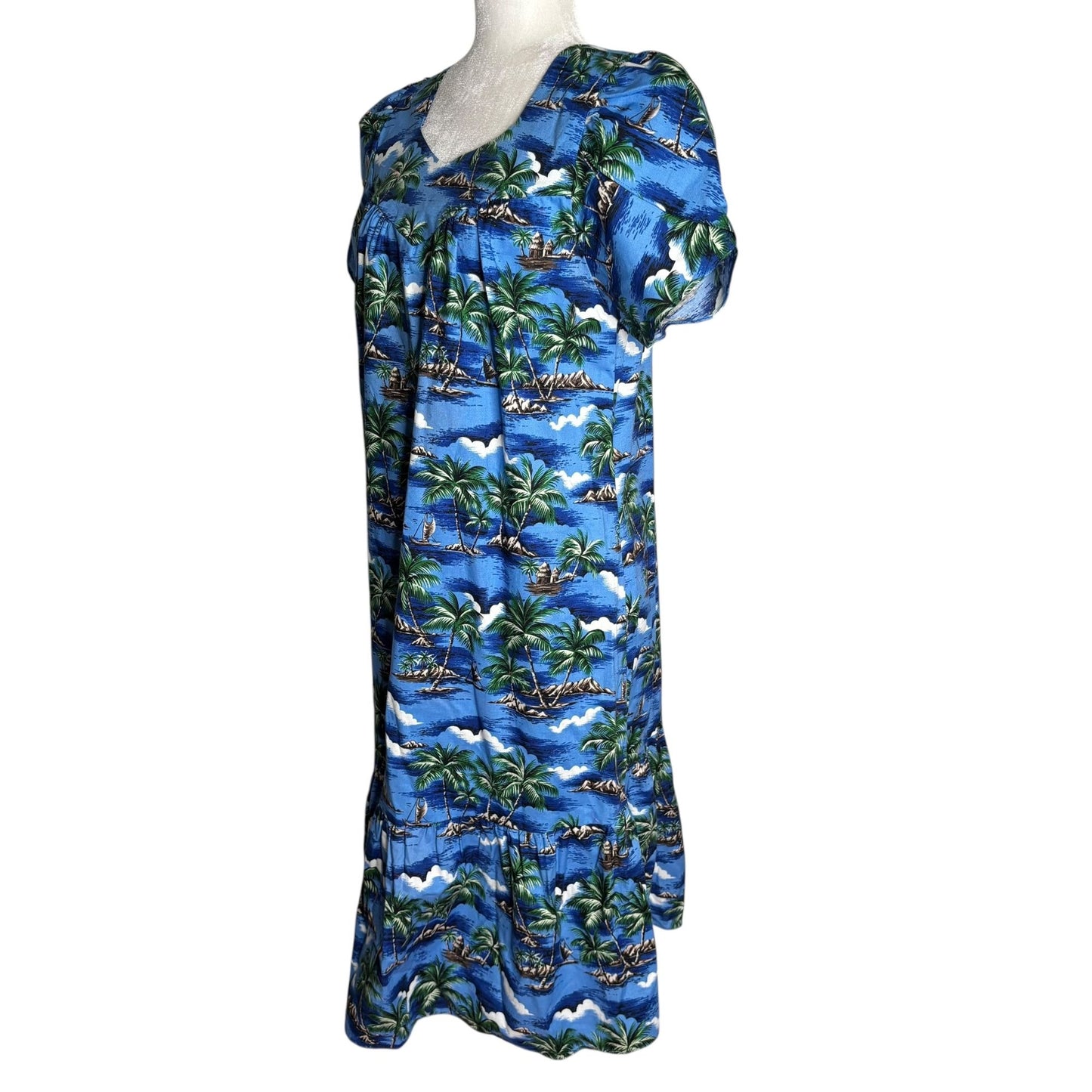 CT Hawaii Fashions Hawaiian Tropical Maxi Dress Size M Blue Short Sleeve Cotton