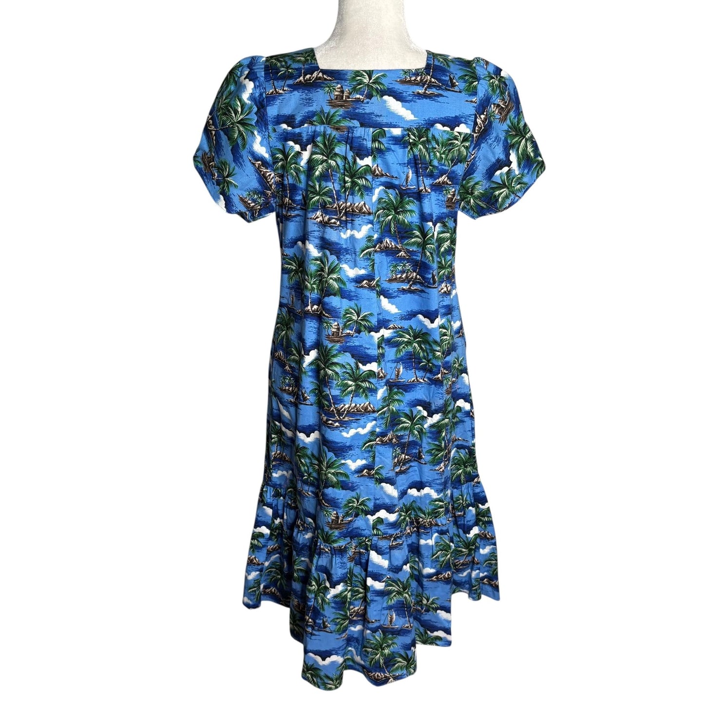 CT Hawaii Fashions Hawaiian Tropical Maxi Dress Size M Blue Short Sleeve Cotton