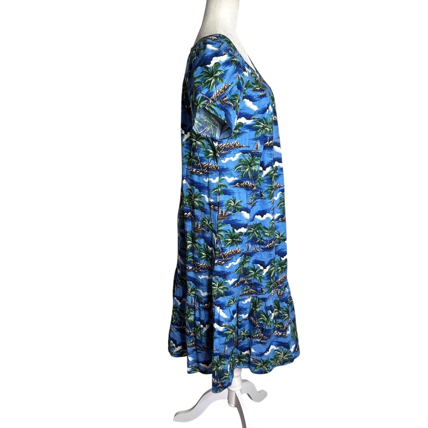 CT Hawaii Fashions Hawaiian Tropical Maxi Dress Size M Blue Short Sleeve Cotton