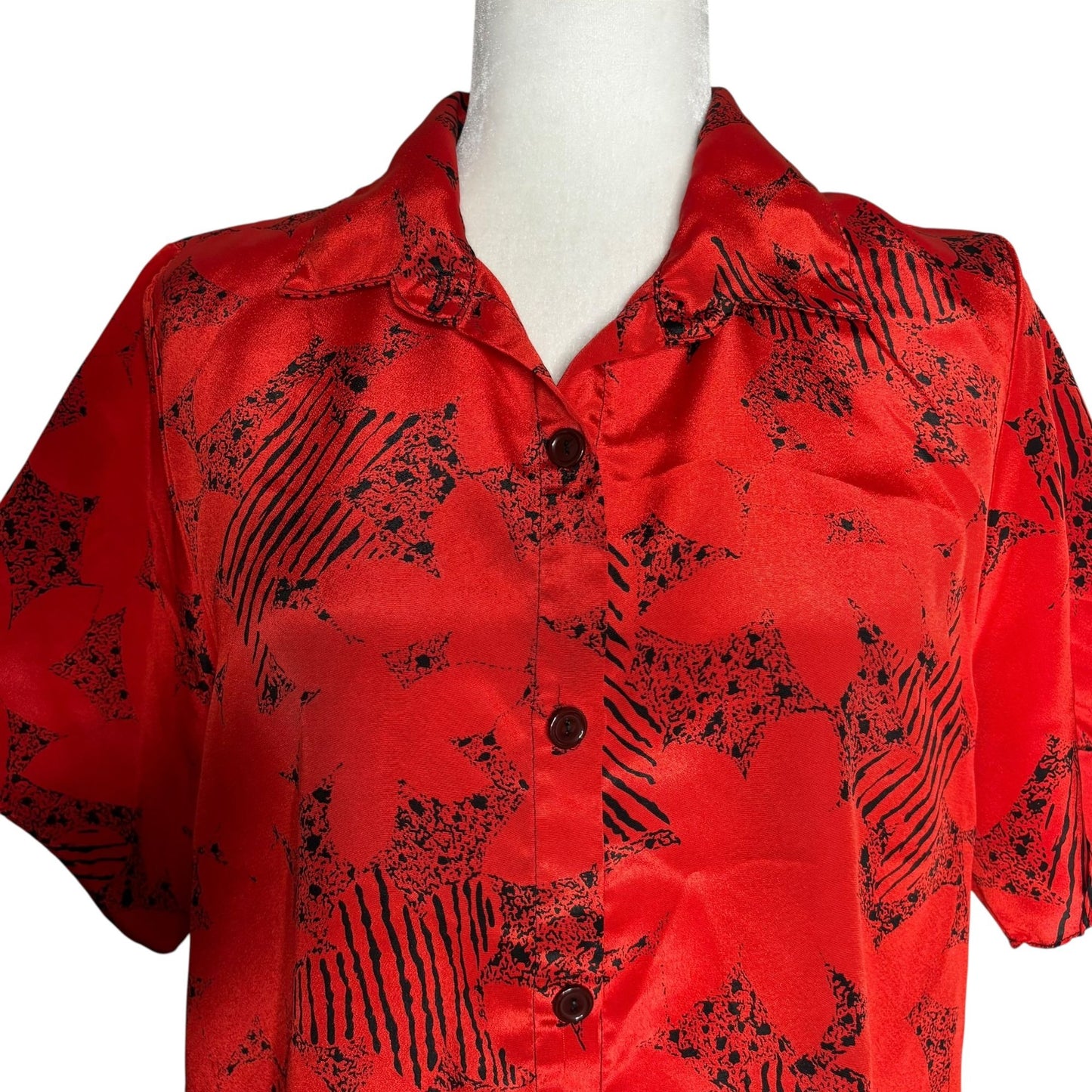 Vintage 80s Red Black Button Up Blouse Medium Short Sleeve Abstract Print