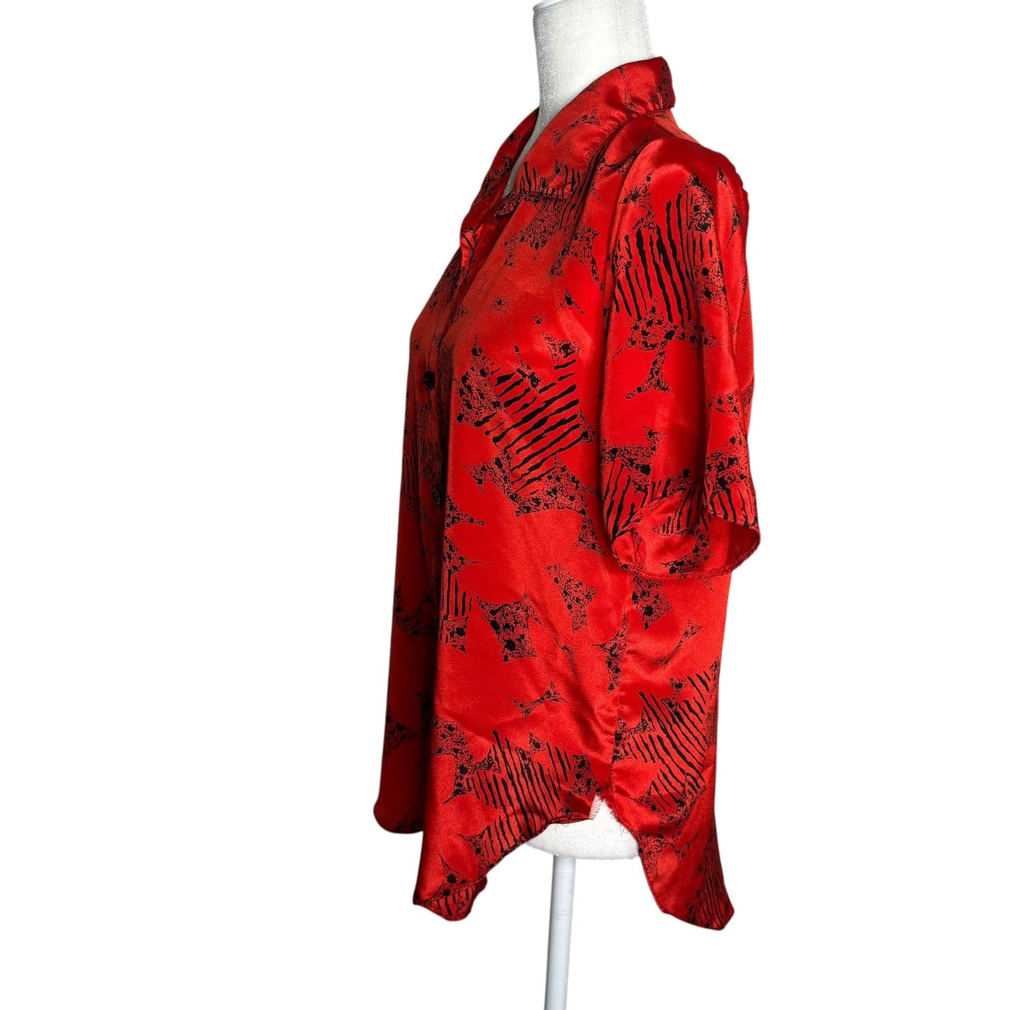 Vintage 80s Red Black Button Up Blouse Medium Short Sleeve Abstract Print