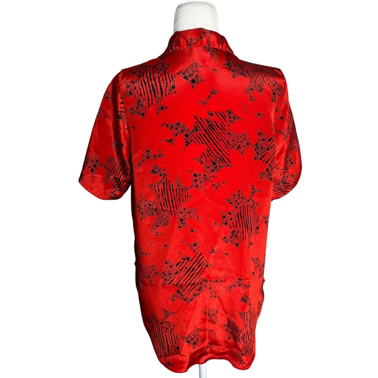 Vintage 80s Red Black Button Up Blouse Medium Short Sleeve Abstract Print