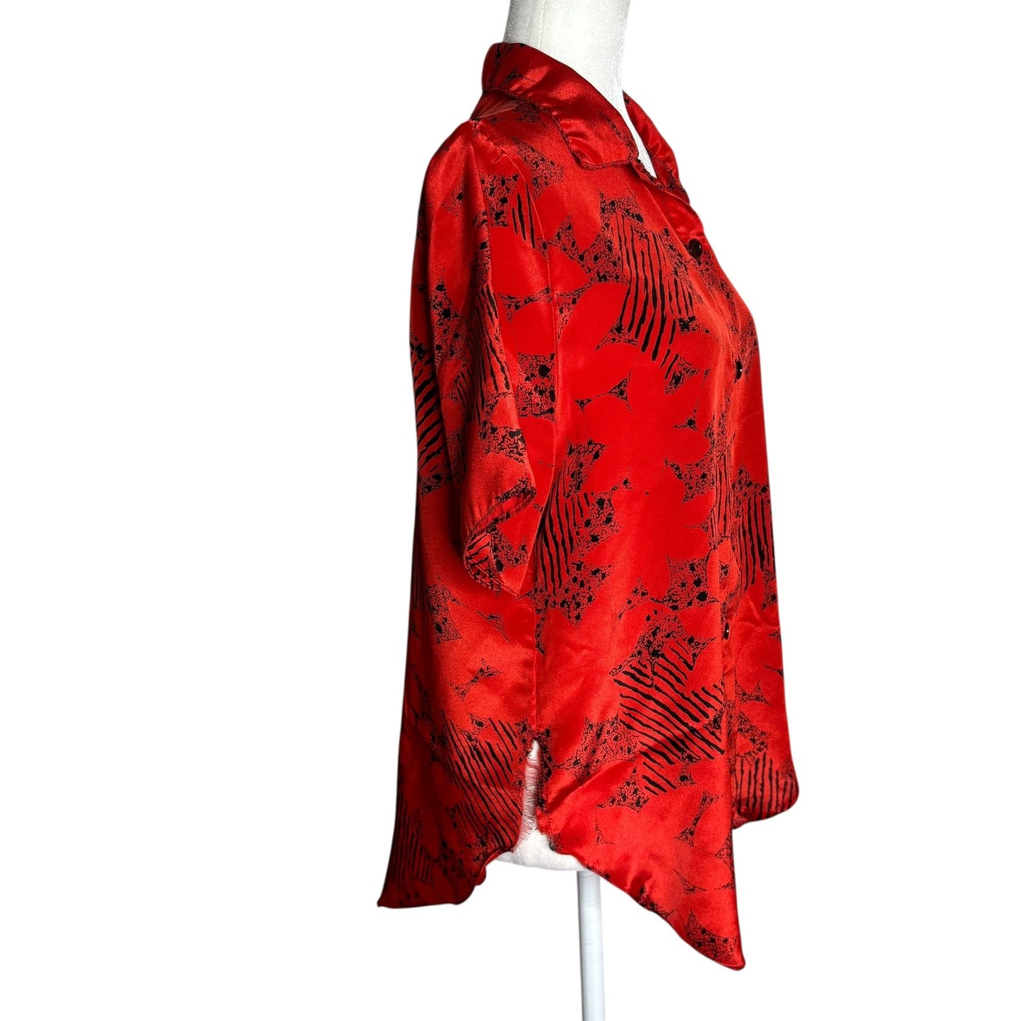 Vintage 80s Red Black Button Up Blouse Medium Short Sleeve Abstract Print