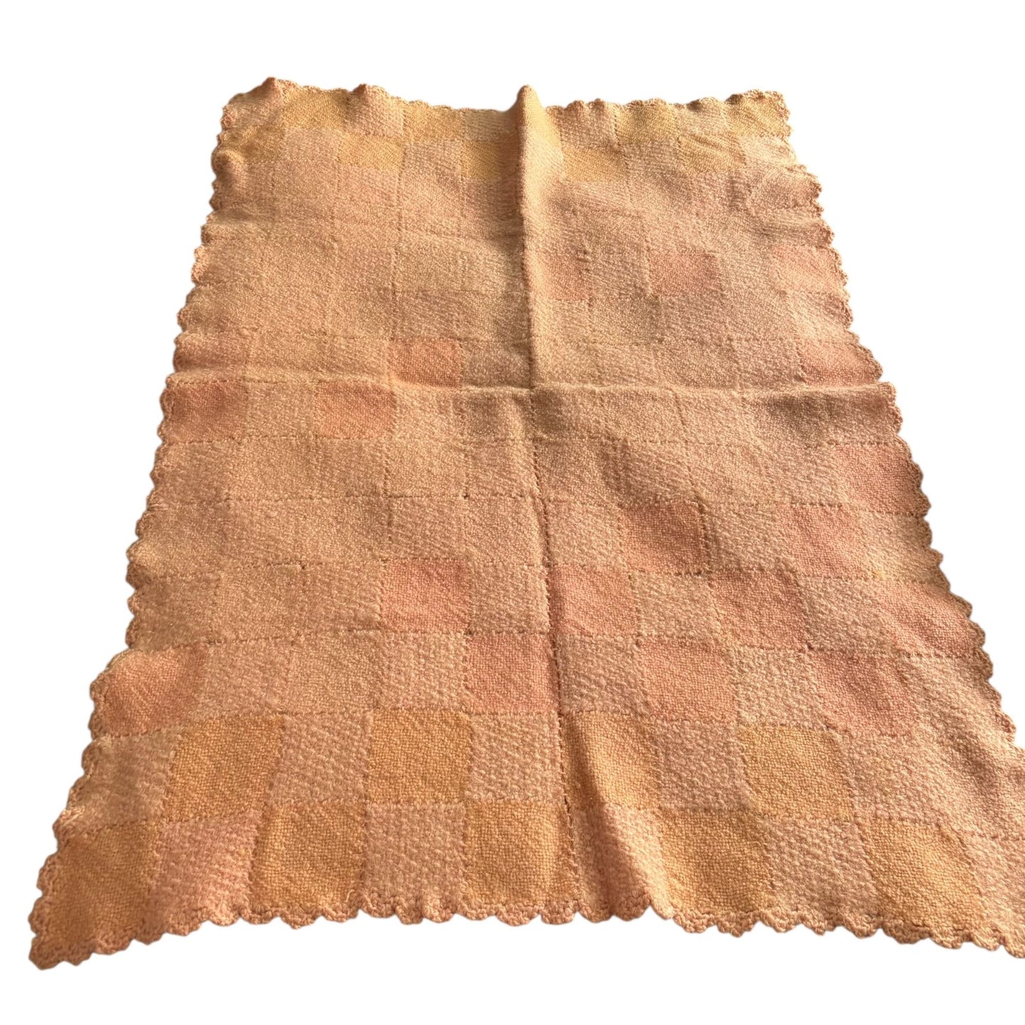 Handmade Peach Orange Checkered Knit Baby Crib Blanket Scalloped Edges 30x42 in