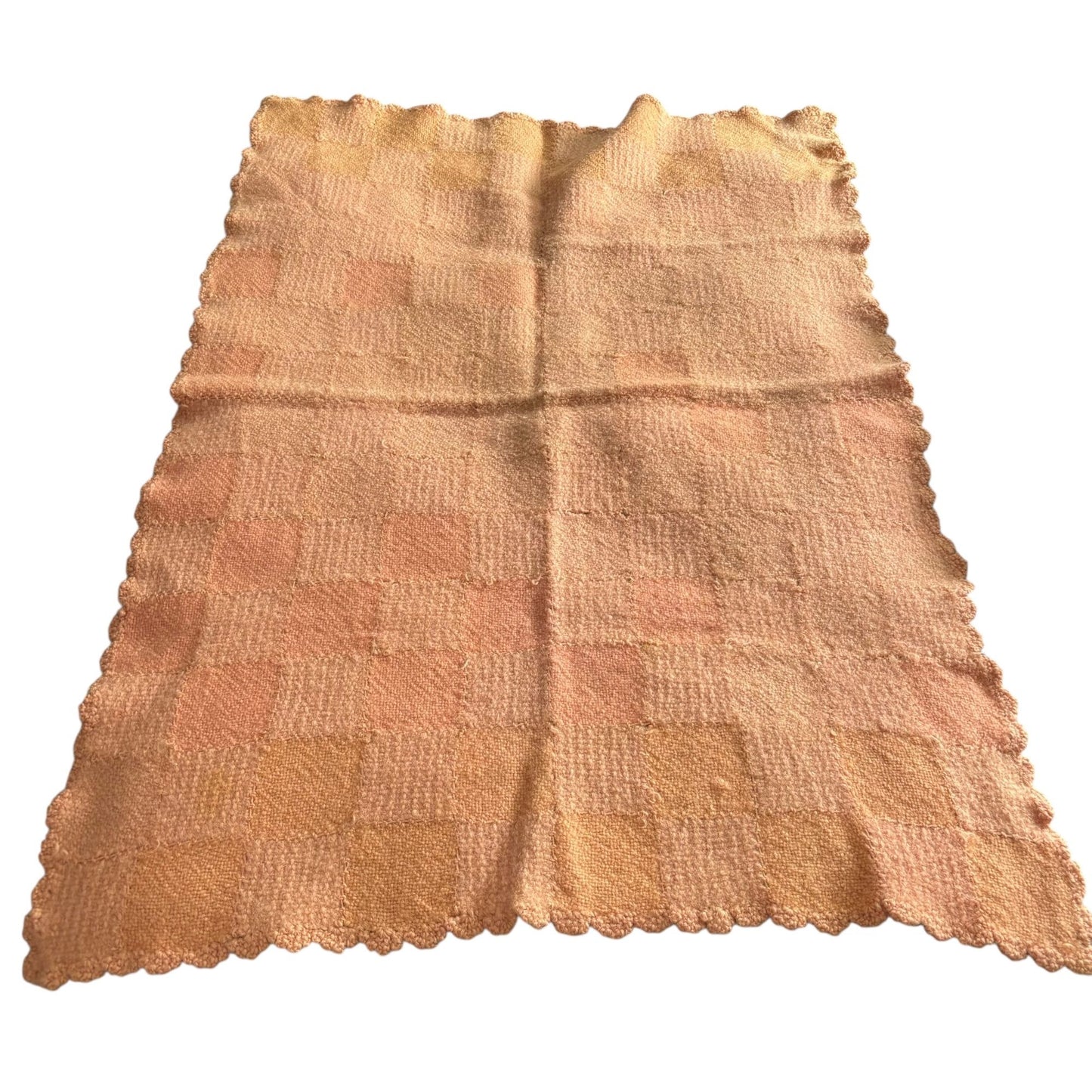 Handmade Peach Orange Checkered Knit Baby Crib Blanket Scalloped Edges 30x42 in