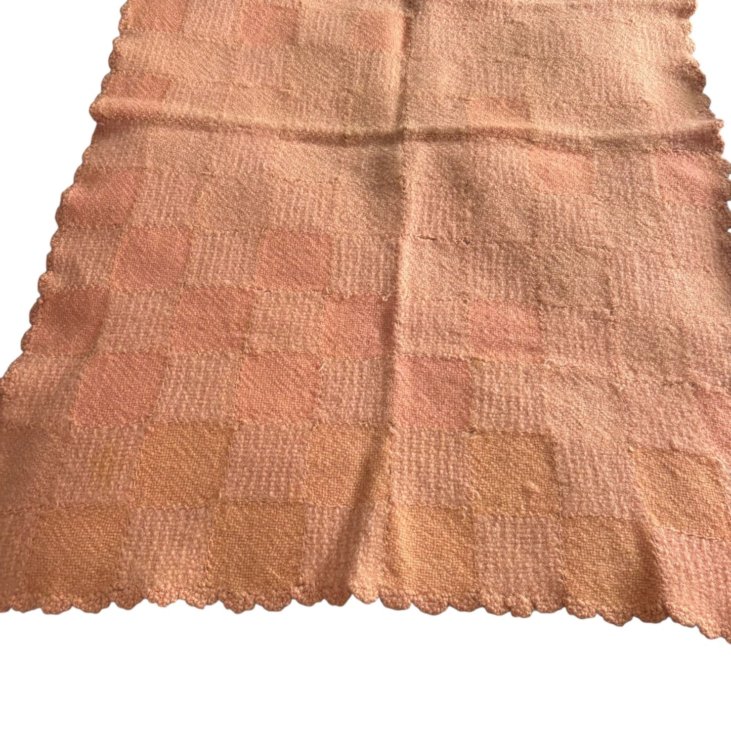 Handmade Peach Orange Checkered Knit Baby Crib Blanket Scalloped Edges 30x42 in