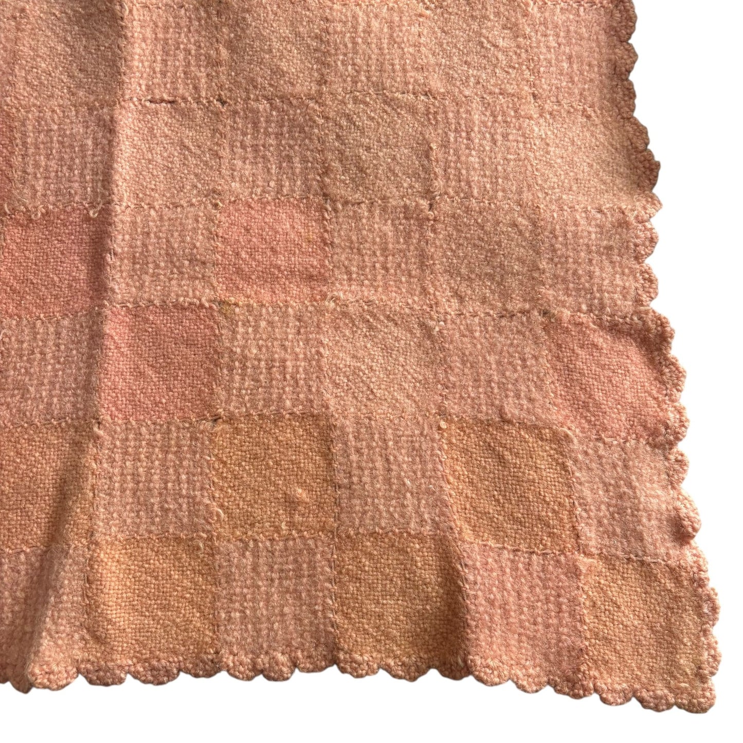 Handmade Peach Orange Checkered Knit Baby Crib Blanket Scalloped Edges 30x42 in