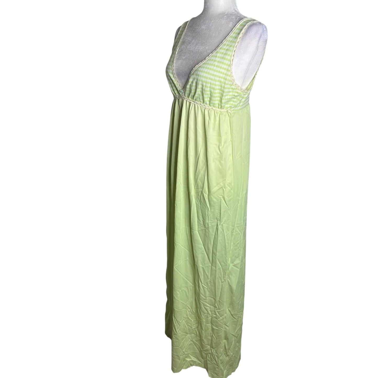 Vintage 70s Lime Green Striped Nylon Sleeveless Nightgown Plunge Neck Medium