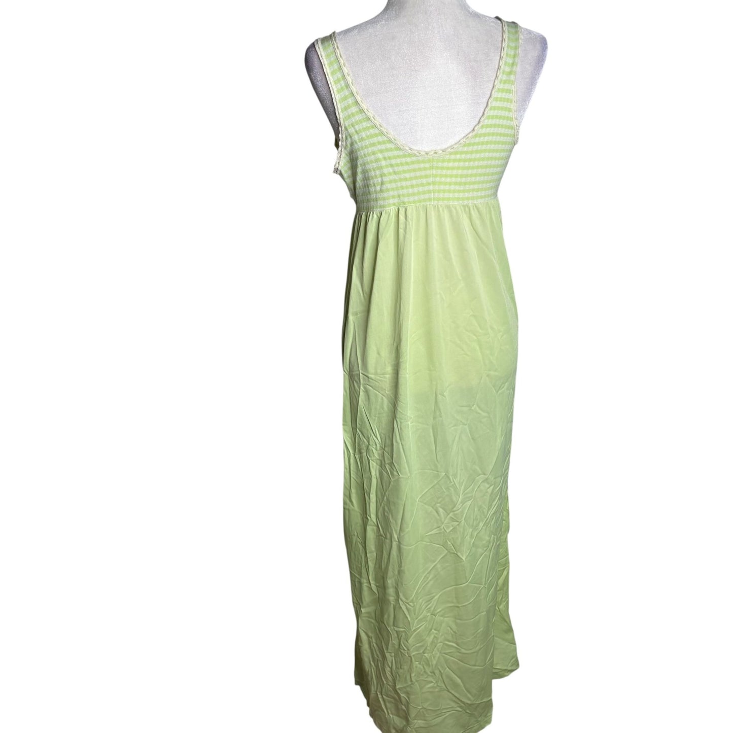 Vintage 70s Lime Green Striped Nylon Sleeveless Nightgown Plunge Neck Medium