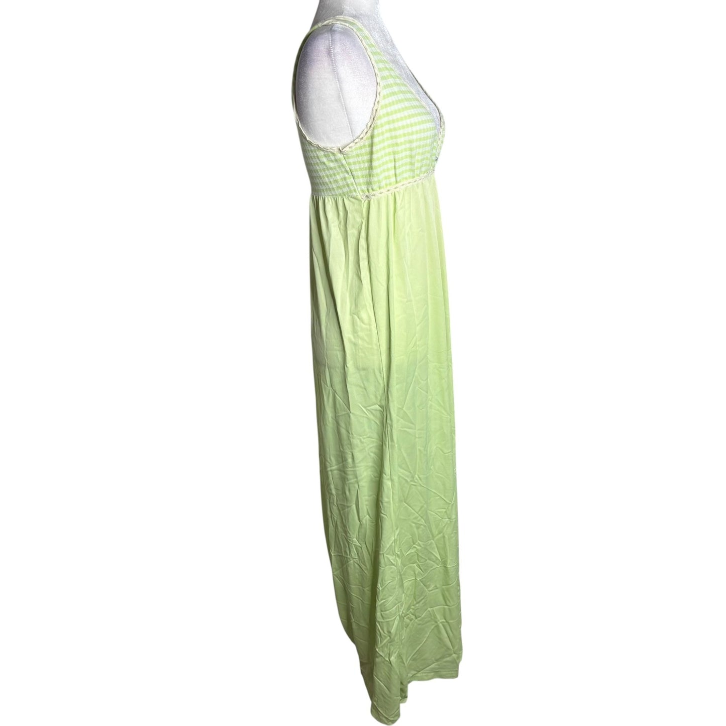 Vintage 70s Lime Green Striped Nylon Sleeveless Nightgown Plunge Neck Medium