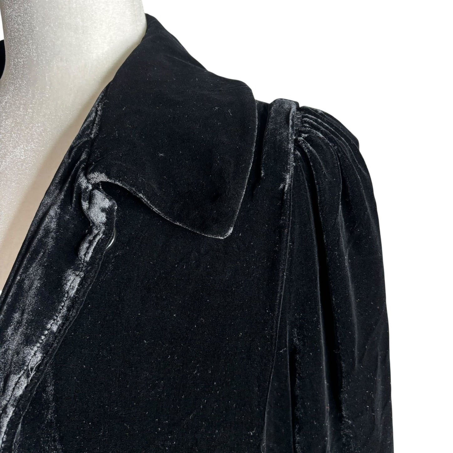 Lily Black Silk Velour Velvet Button Up Duster Coat Medium Floral Lined Pockets