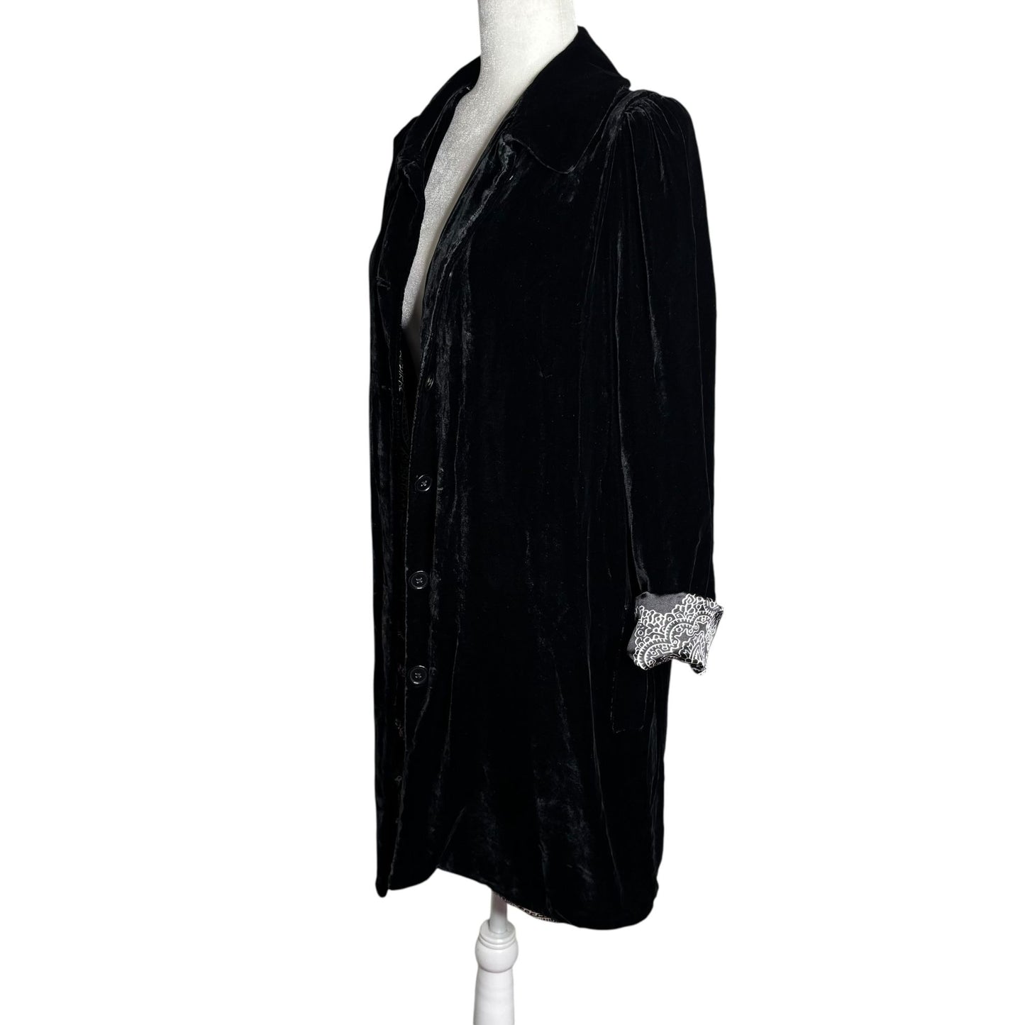 Lily Black Silk Velour Velvet Button Up Duster Coat Medium Floral Lined Pockets
