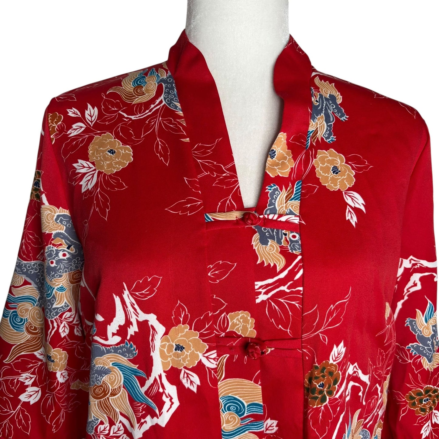 Vintage 70s Tori Richard Honolulu Red Dragon Mandarin Asian Tunic Top Medium