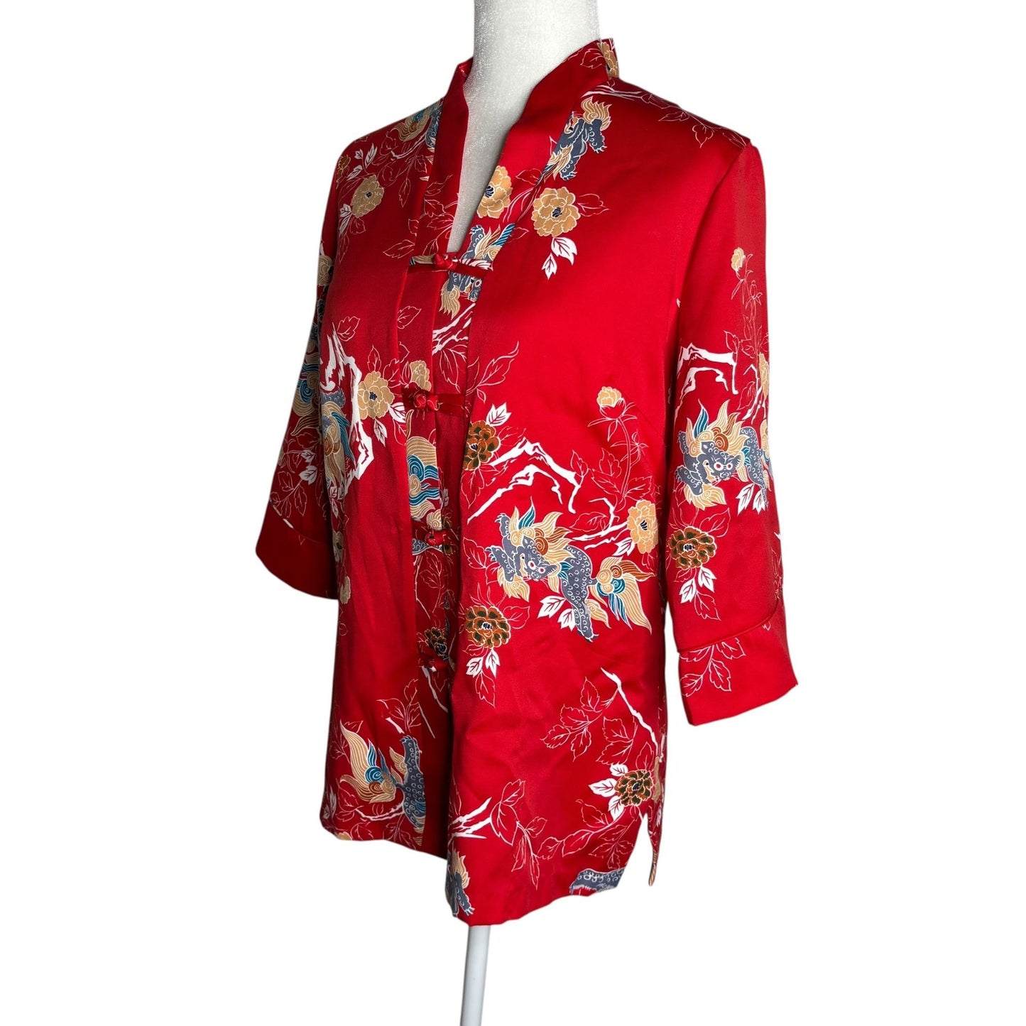 Vintage 70s Tori Richard Honolulu Red Dragon Mandarin Asian Tunic Top Medium