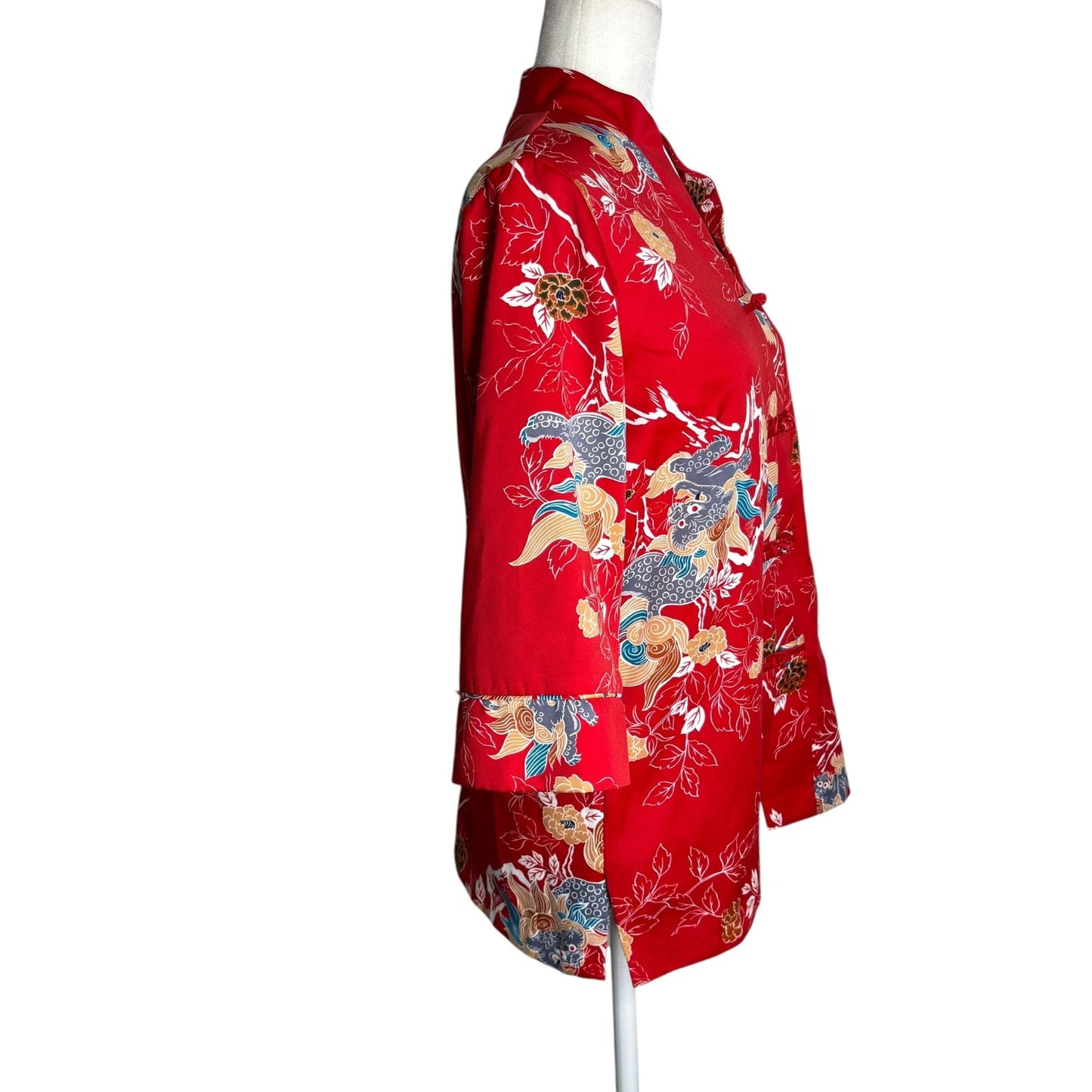Vintage 70s Tori Richard Honolulu Red Dragon Mandarin Asian Tunic Top Medium