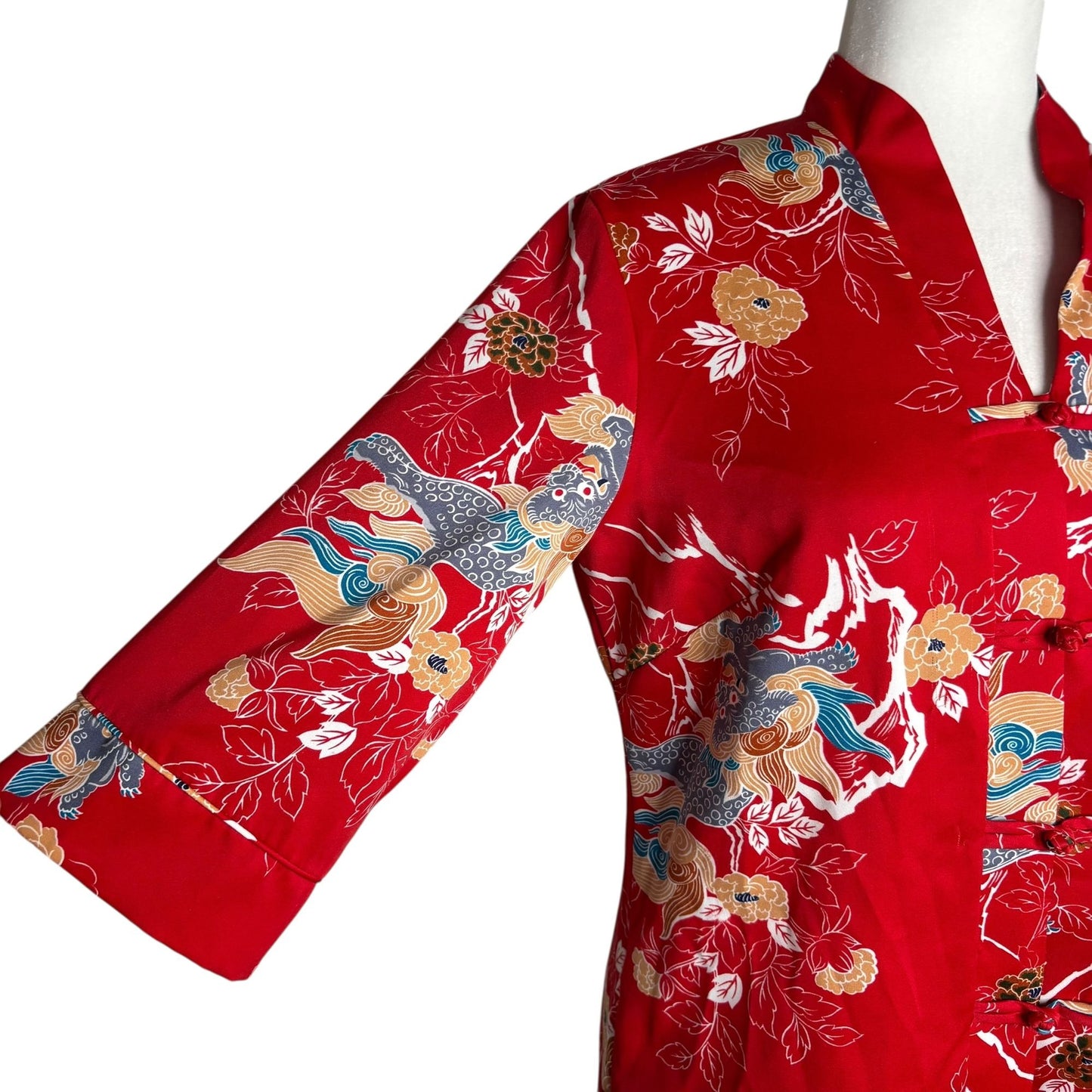 Vintage 70s Tori Richard Honolulu Red Dragon Mandarin Asian Tunic Top Medium