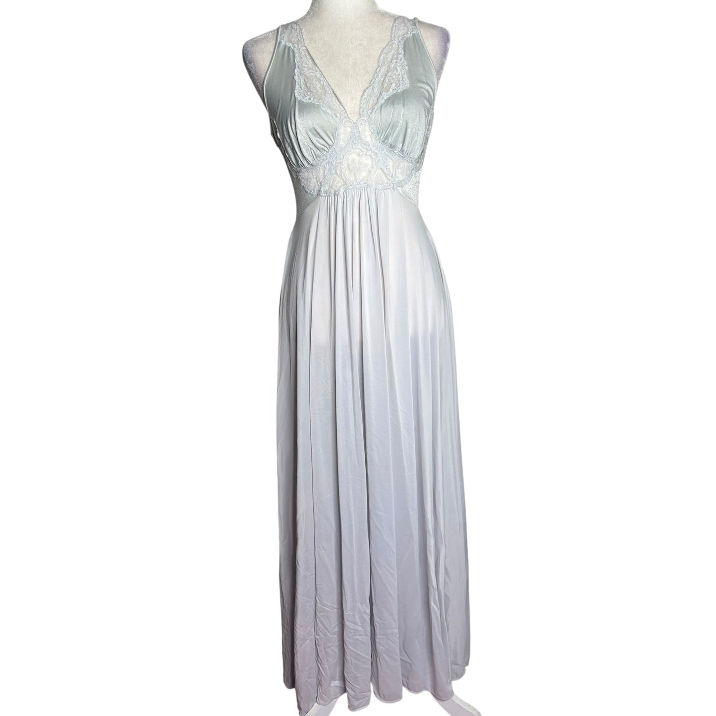 Vintage 70s Olga Nylon Maxi Nightgown Size Large Grey Lace Bodice Style 9296